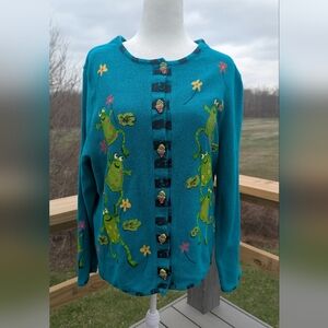 Onque Casuals Teal Frog Button Down Sweatshirt Spring Size Medium